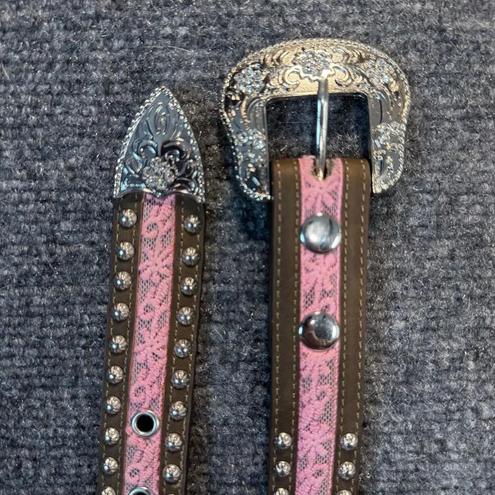 Ariat Pink Studded Leather Western Belt With Silver Tone Buckle Kids Youth 26 in